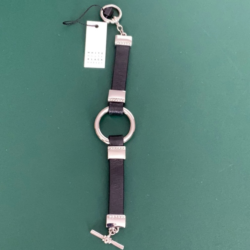 White House Black Market Black Leather, Rhinestones & Silvertone Bracelet.